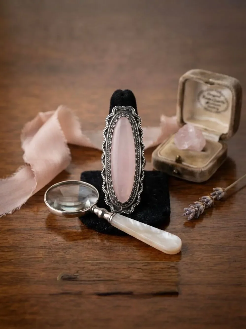 ⁠Vintage Artisan Sterling Silver Pink Chalcedony Ring Filigree Statement Sz 9⁠